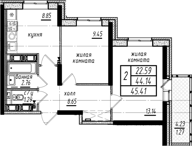 2-комнатная квартира 45.41 м², 19/25 эт., ЖК «Северная Долина»